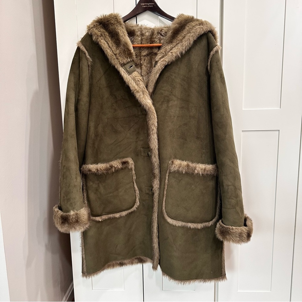 VTG 90s Dennis Basso Reversible Faux Fur Suede Parka Coat with Hood